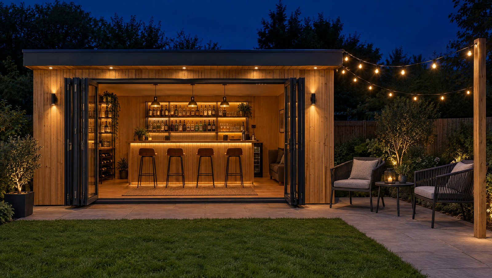 A garden bar room at night with bi-fold doors open and festoon lights over a terrace