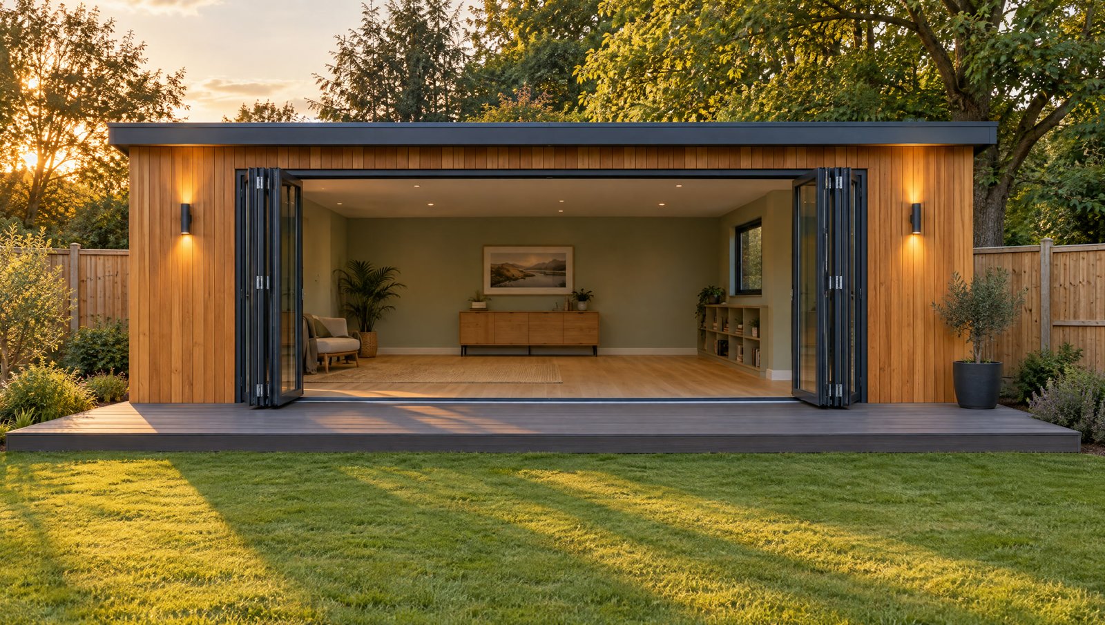 A large larch garden room with full-width bi-fold doors open onto decking in evening light