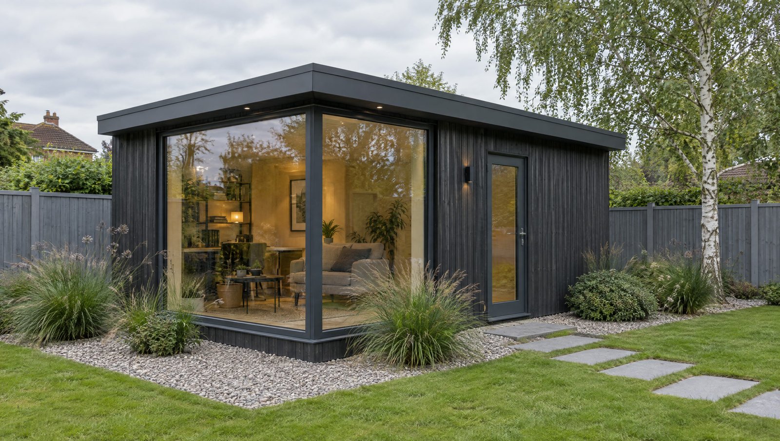 A charcoal-clad garden room with a wraparound corner window and gravel planting
