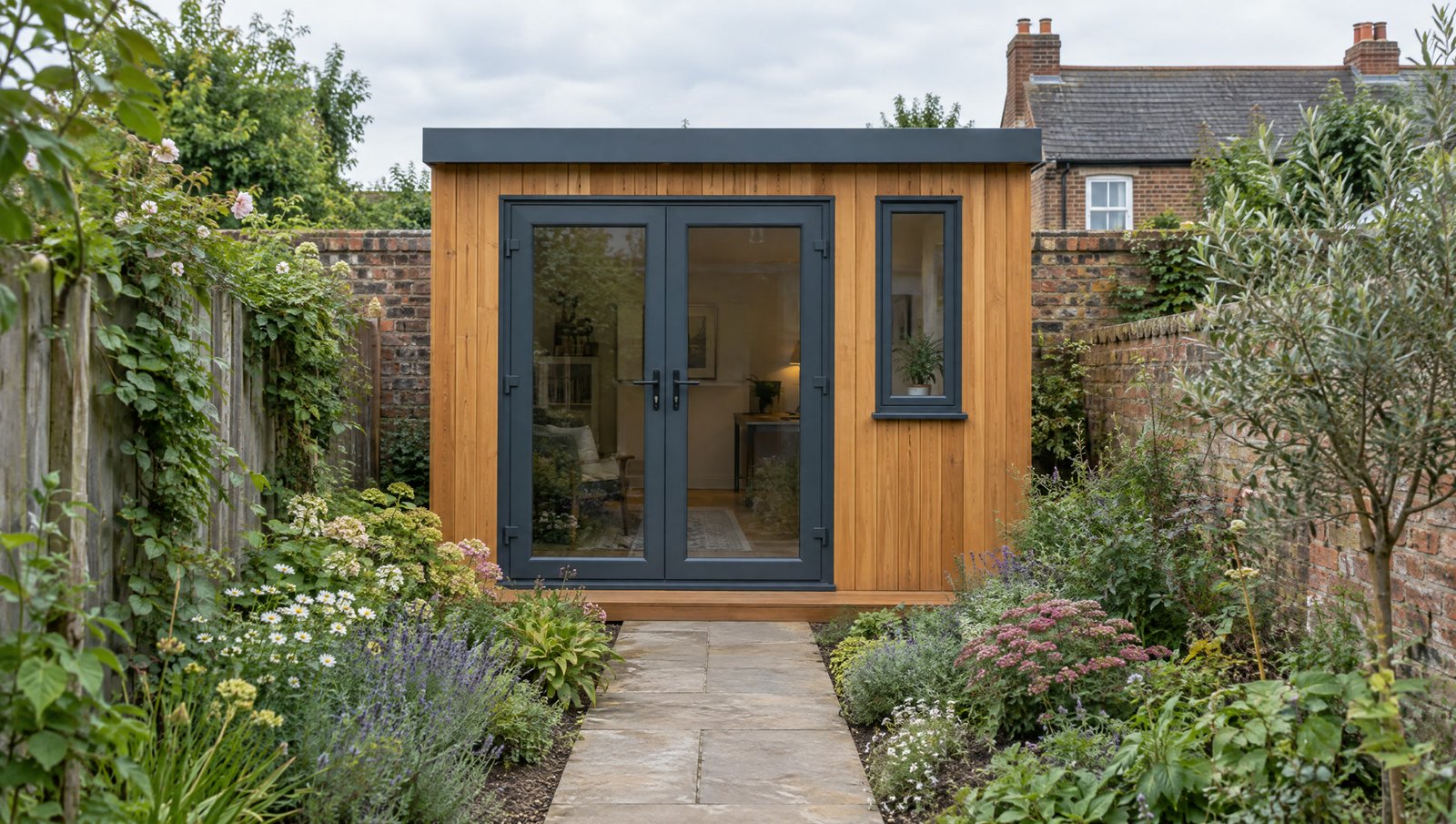 A compact garden office at the end of a small walled garden