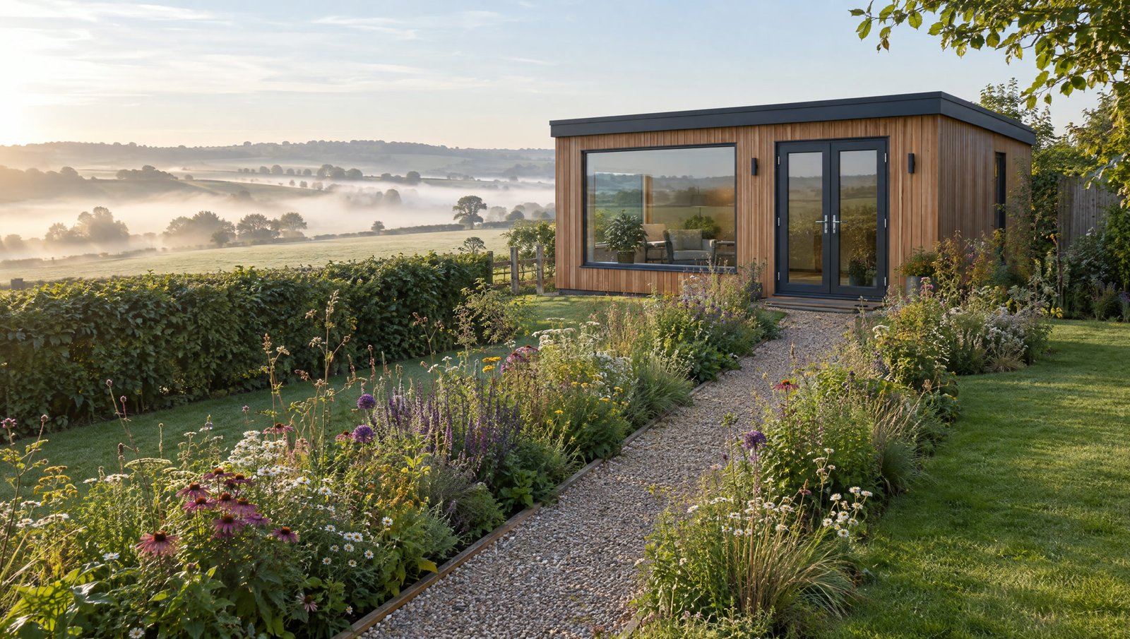 A larch garden room with a picture window facing misty fields