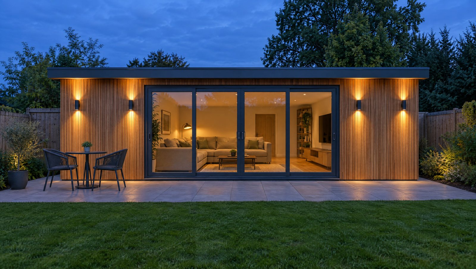 A long garden family room at dusk with sliding doors, wall lights and a patio