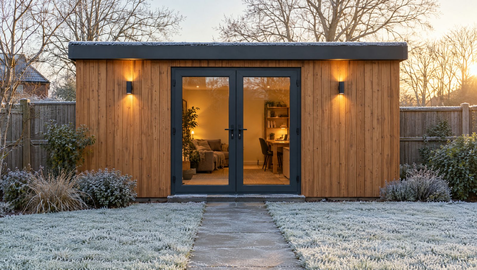 A timber garden room on a frosty winter morning with the lights on inside