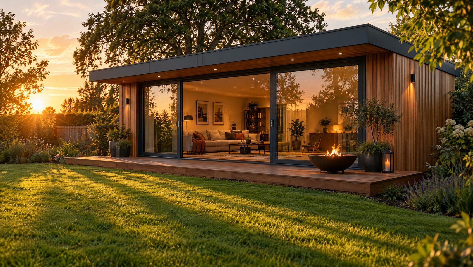 A modern garden room with a fully glazed front and a cantilevered roof over a deck at golden hour