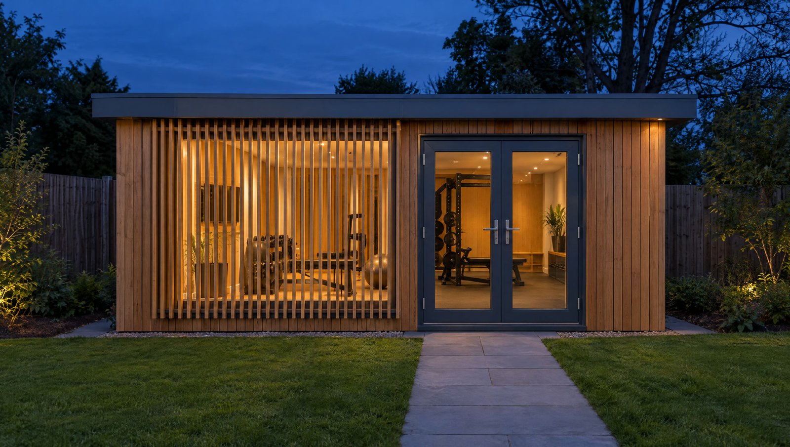 A garden gym at dusk with a slatted timber screen glowing from inside