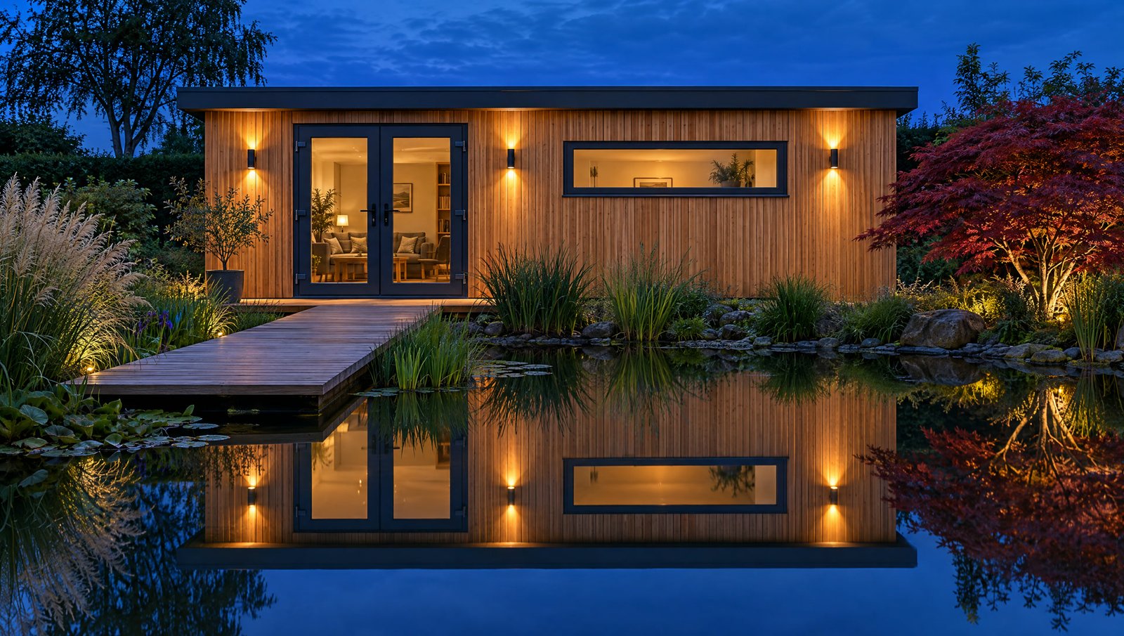 A timber garden room at dusk reflected in a still garden pond