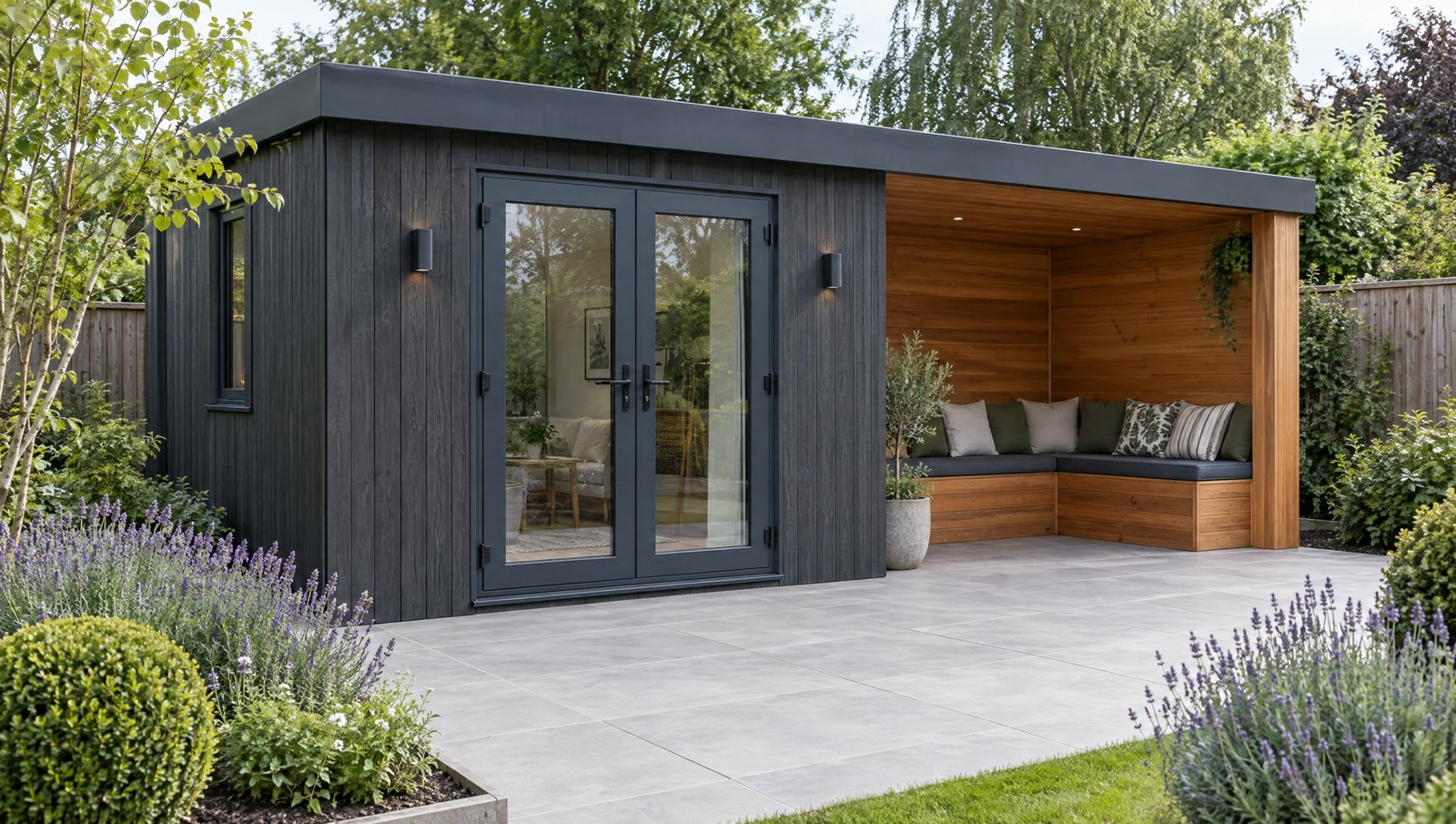 A two-tone garden room, charcoal cladding with a cedar seating nook and a porcelain patio