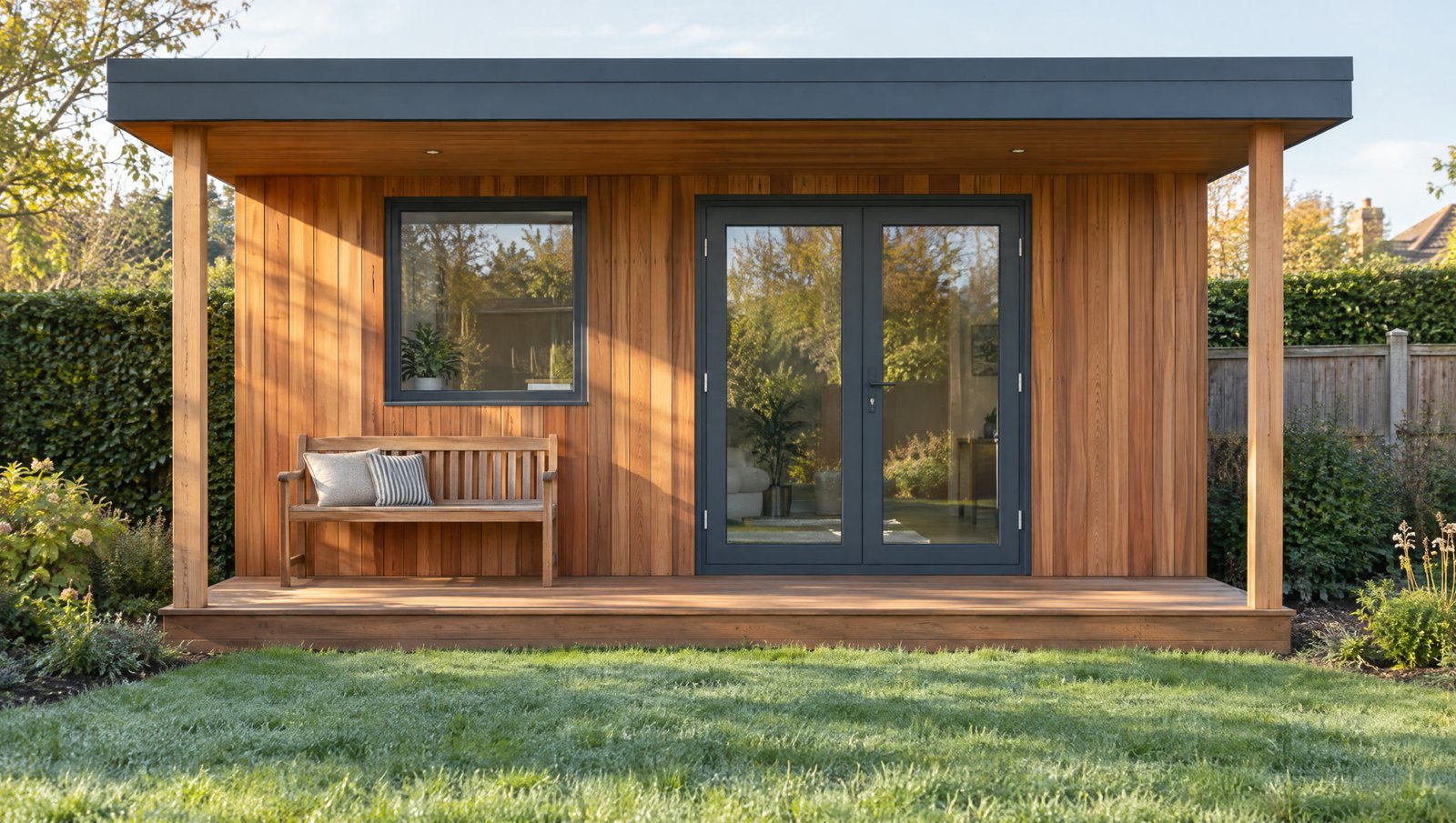 A cedar garden room with a covered veranda and a bench, morning light