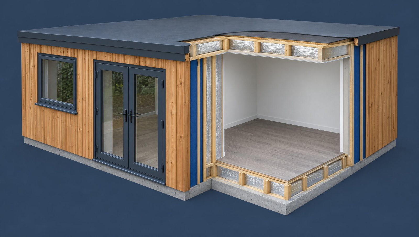 A cutaway view of a timber garden room with one corner sliced open, showing the concrete base, the insulated floor, the timber frame with insulation between the studs, the membrane, the cladding and the flat roof