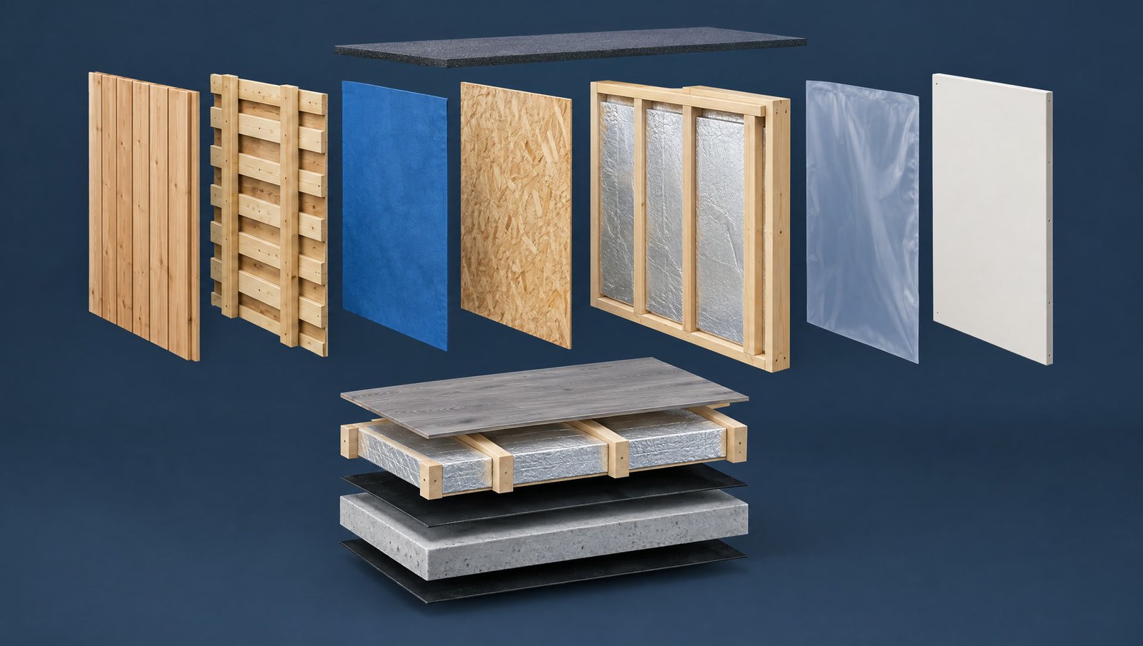A section through the wall of a garden room with each layer stepped back: cladding, battens and membrane, sheathing, studs with insulation, plasterboard and the painted face, with the insulated floor on a concrete slab below and the flat roof above