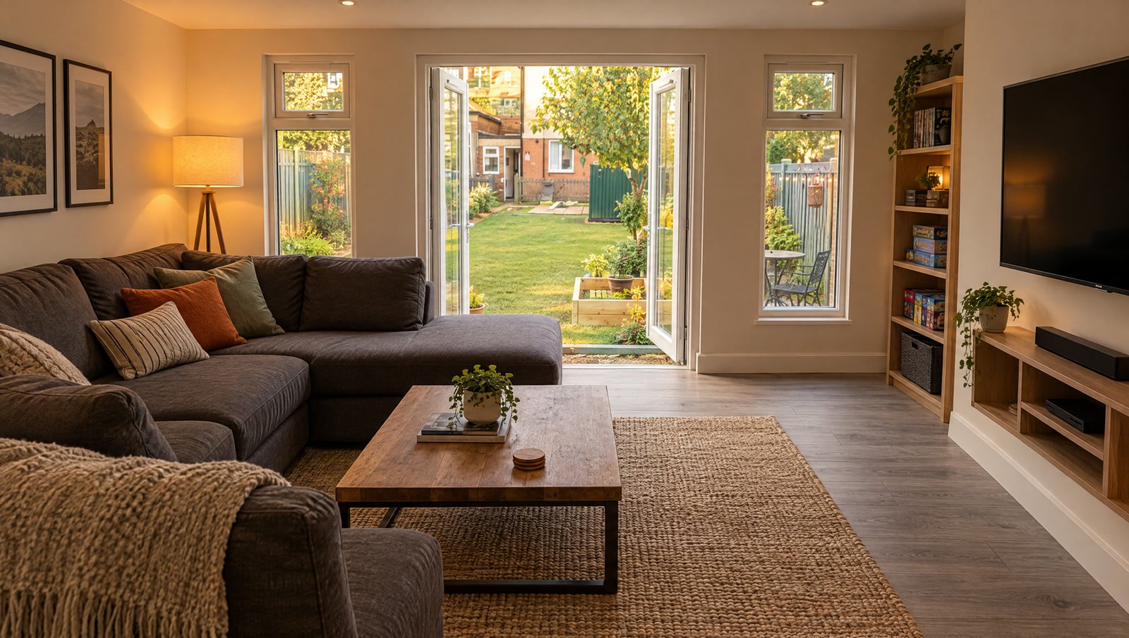 A garden room set up as a family room with a sofa and a television