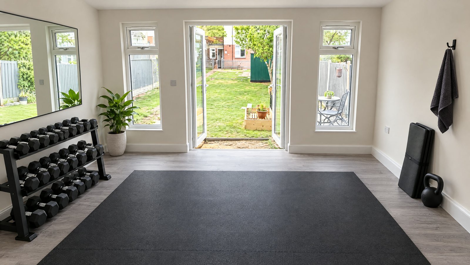 A garden room set up as a home gym