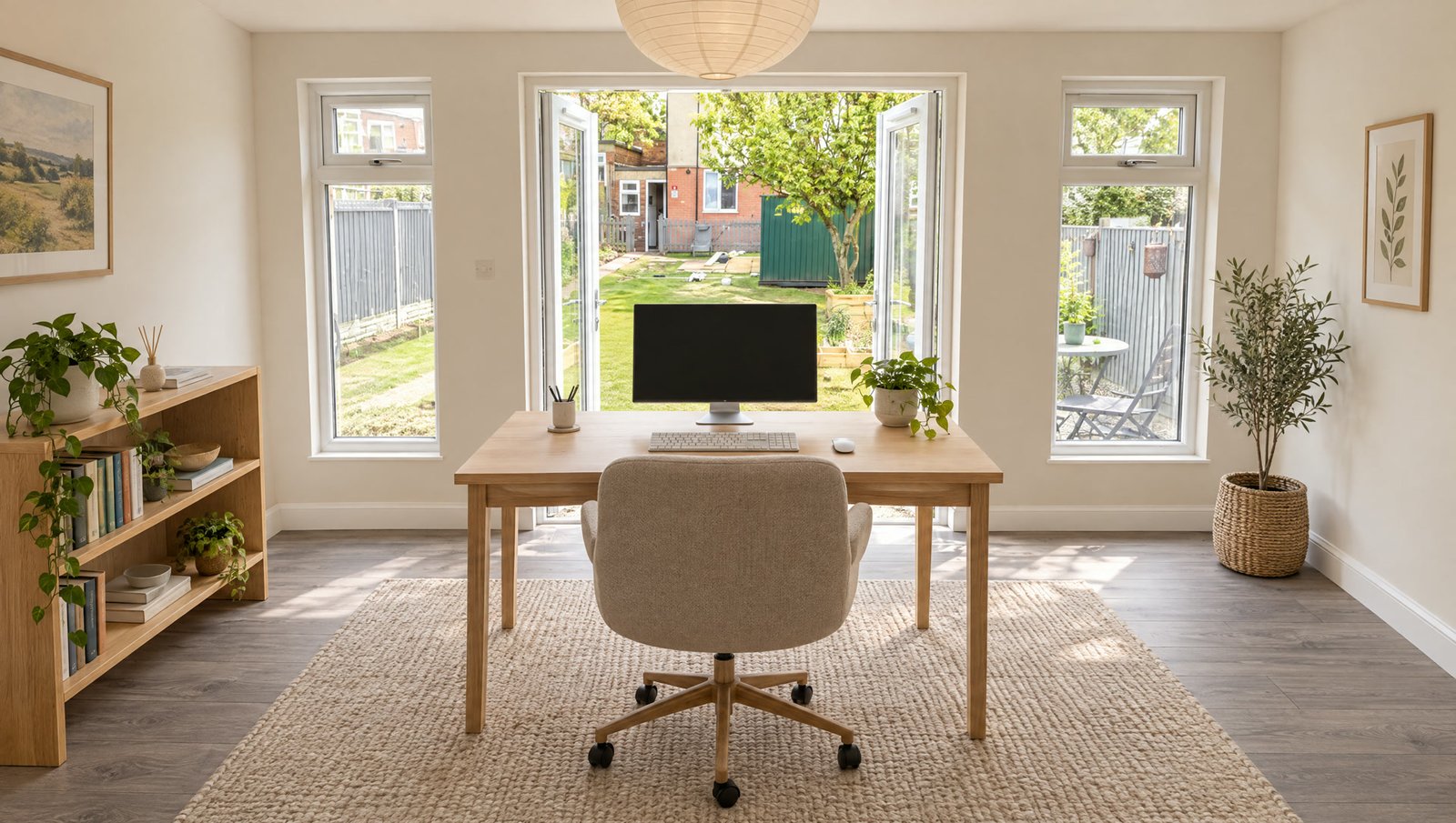 A garden room set up as a home office, desk by the window, garden outside