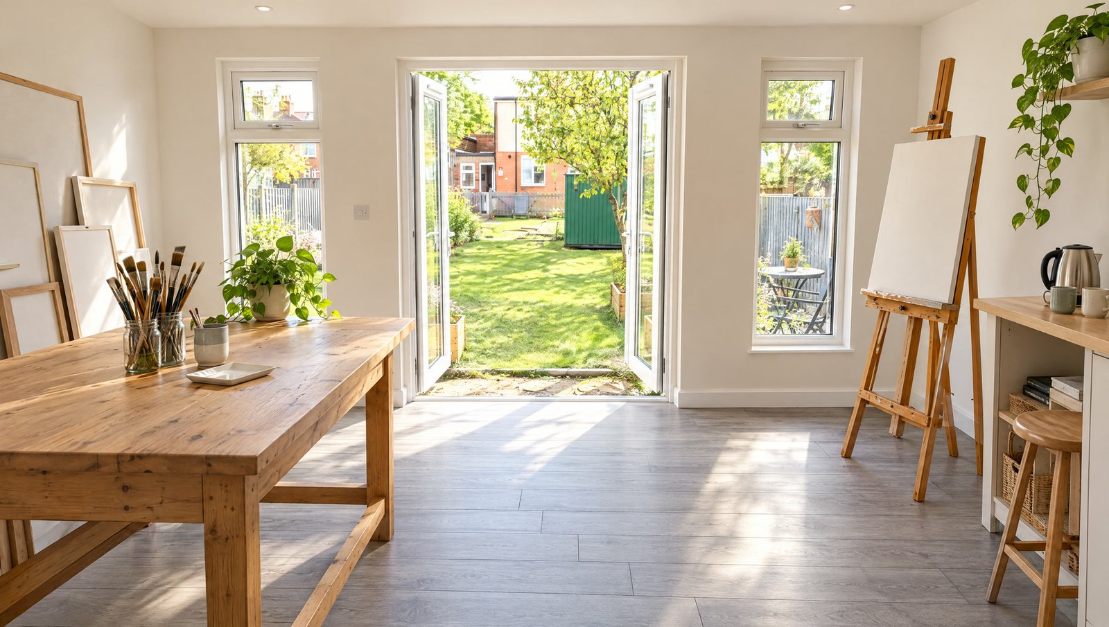 A garden room set up as a studio, morning light through the doors